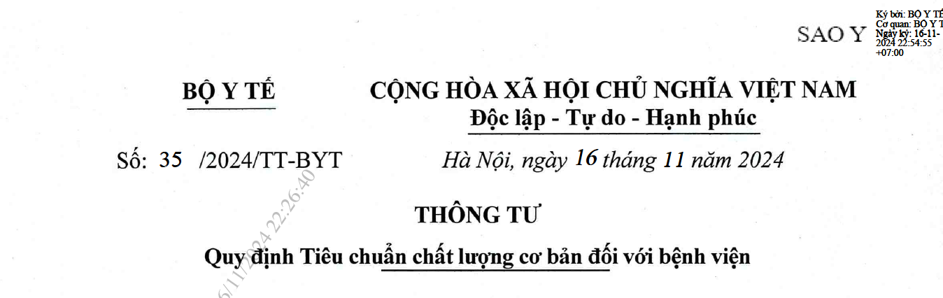 Thông tư 35/2024/TT-BYT quy định 5 Tiêu chuẩn chất lượng cơ bản đối với bệnh viện